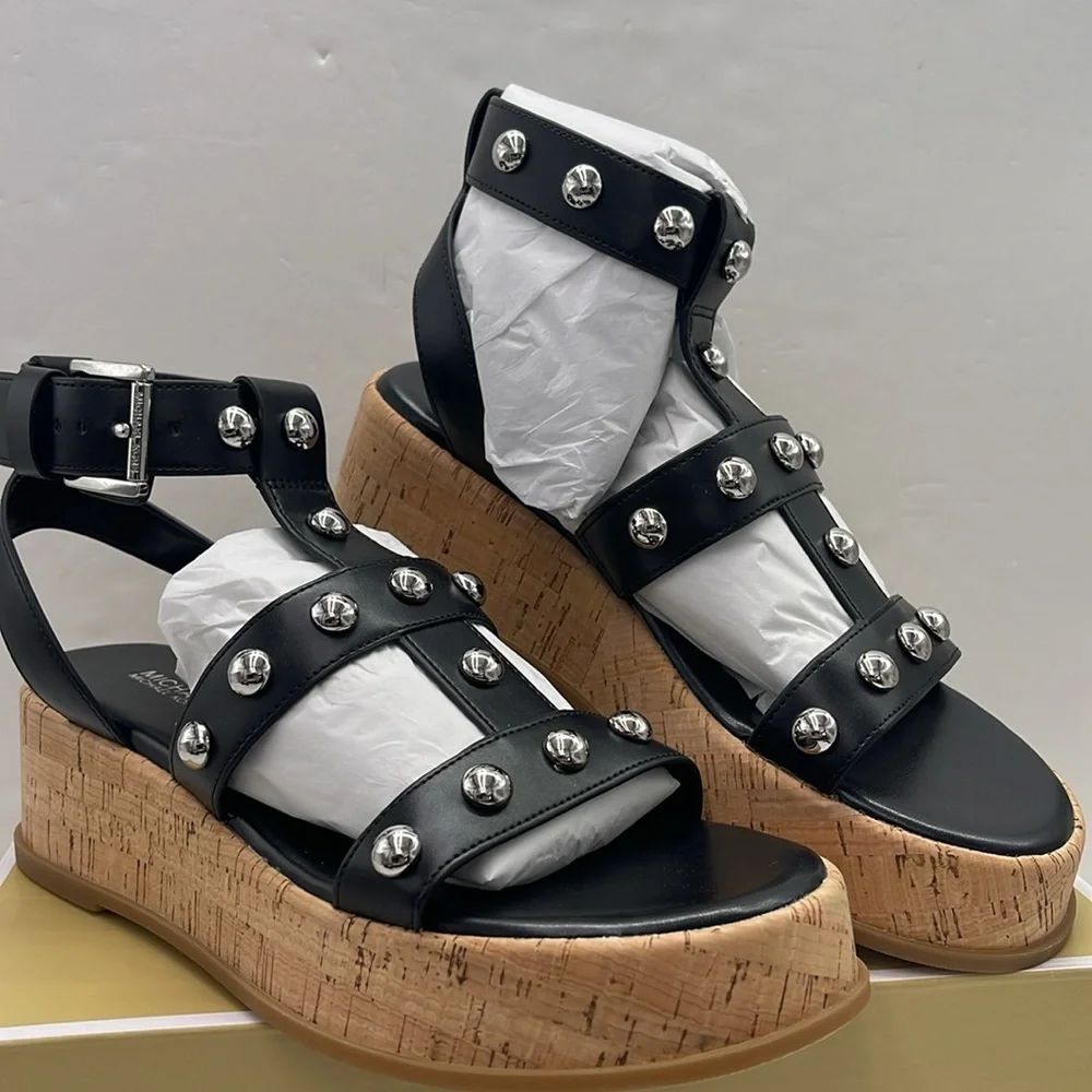MICHAEL KORS Selah Studded Platform Gladiator Silver Studded Sandal Black  New